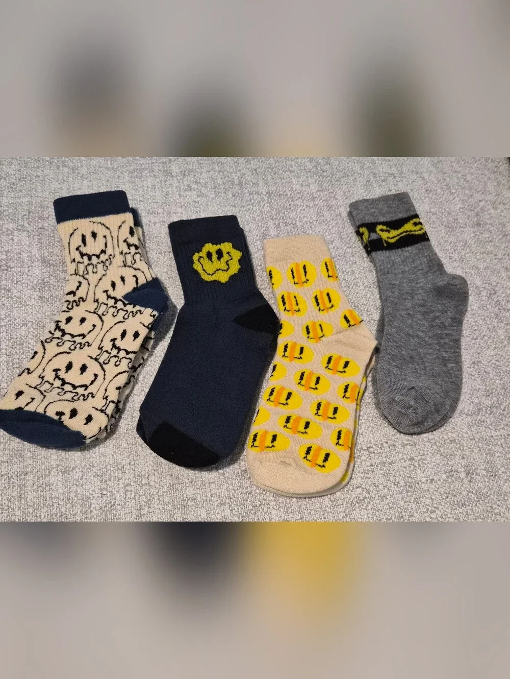 Kids Smiley Crew Sock Set - Navy, Beige, Yellow & Gray